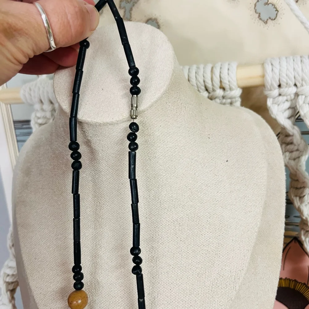 Vintage Carved Wood Bead Necklace | Black Brown Boho |‎ Earthy Whimsigoth Ethnic
